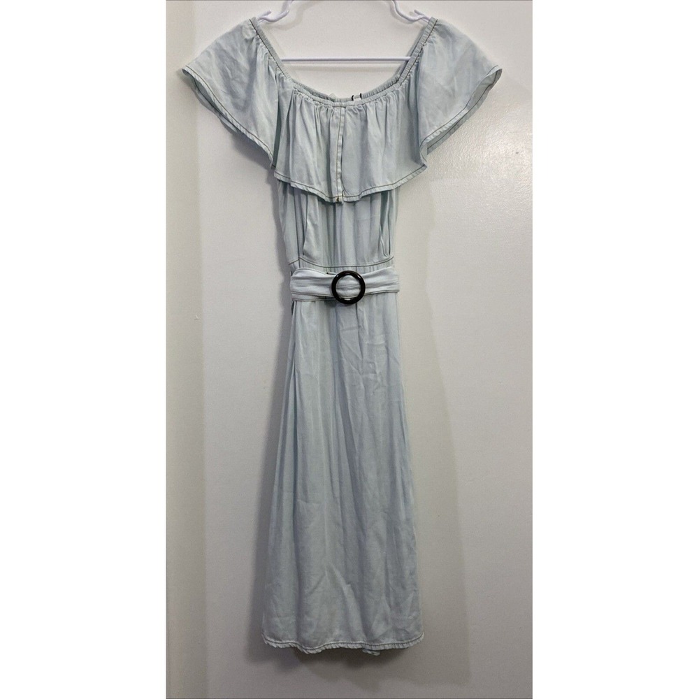 "a loves a" Light Blue Denim Off Shoulder‎ Maxi Dress with Belt